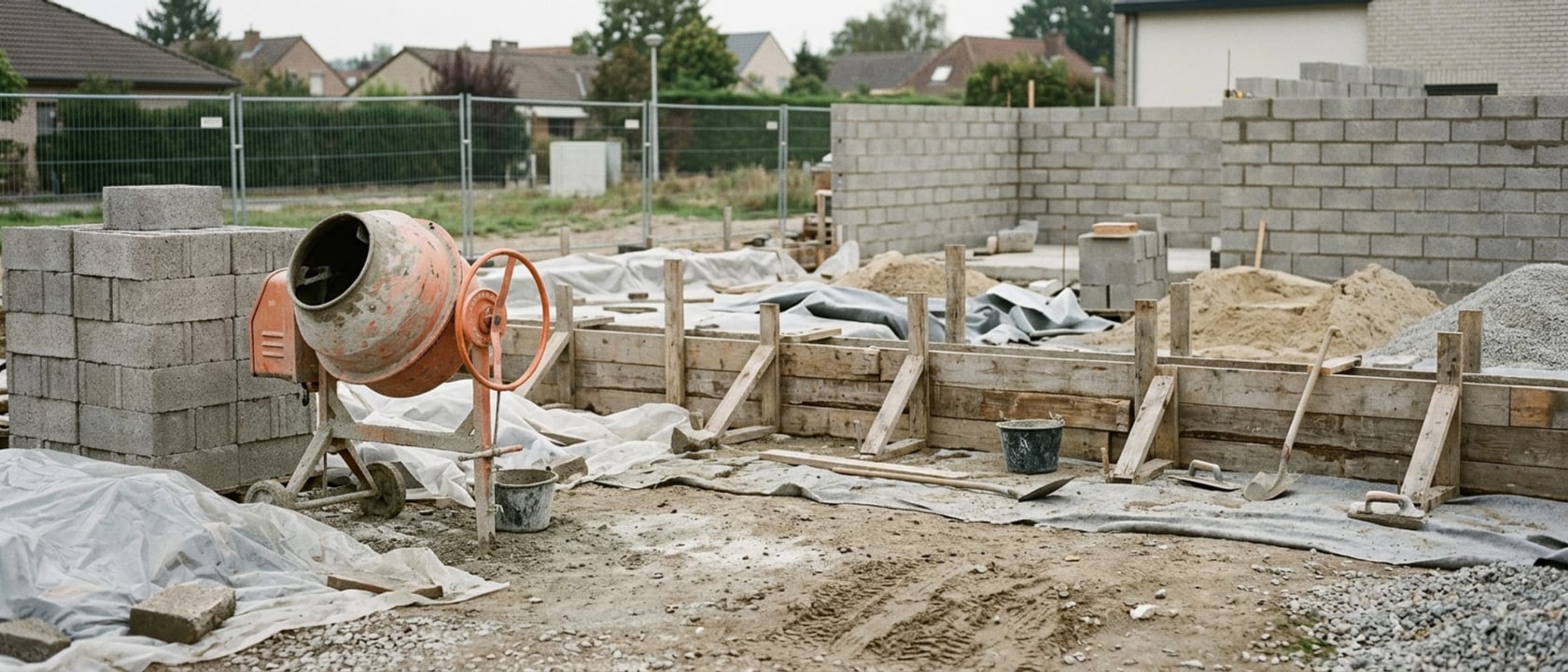 Plans, maçonnerie et repères rouges de chantier