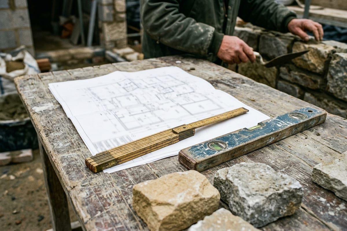 Plans de maçonnerie, règle et blocs sur une table d’atelier