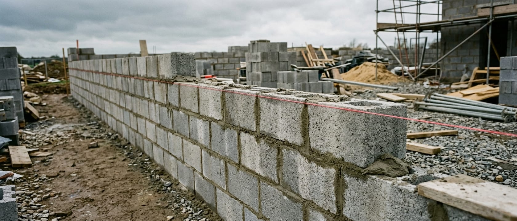 Mur maçonné aligné par un cordeau rouge, photographie de démonstration