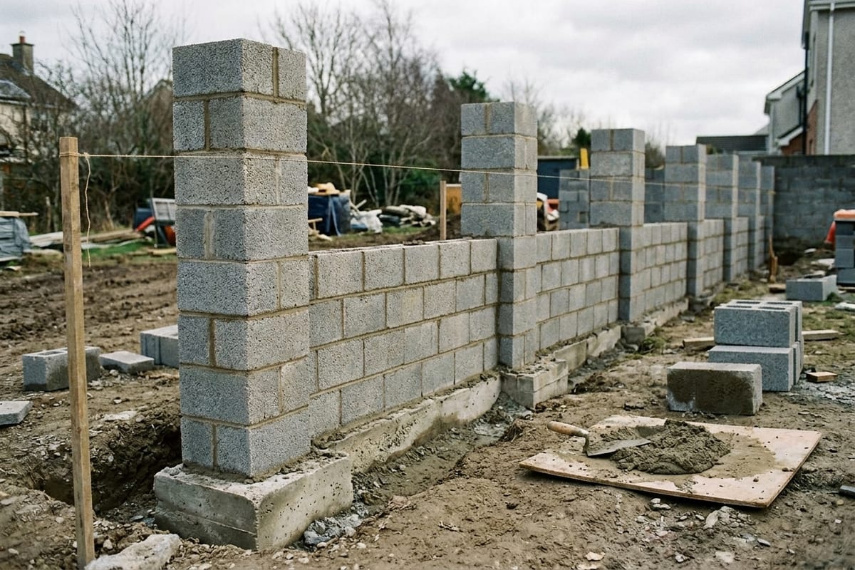 Photographie d’un mur de clôture en blocs avec piliers